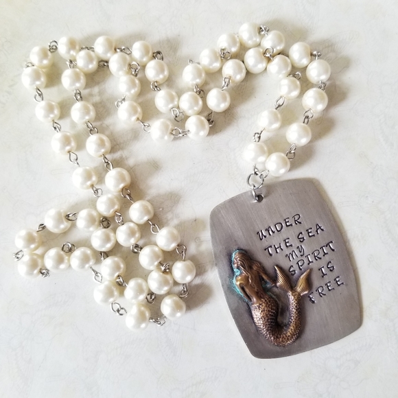 Hand Crafted Hand Stamped Faux Pearl Mermaid Pendant Necklace - Picture 14 of 16